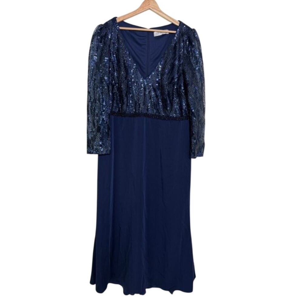 Mac Duggal Gown Maxi Dress Sequin Blue SZ18 Autumn Wedding Special Event Party - Picture 5 of 11